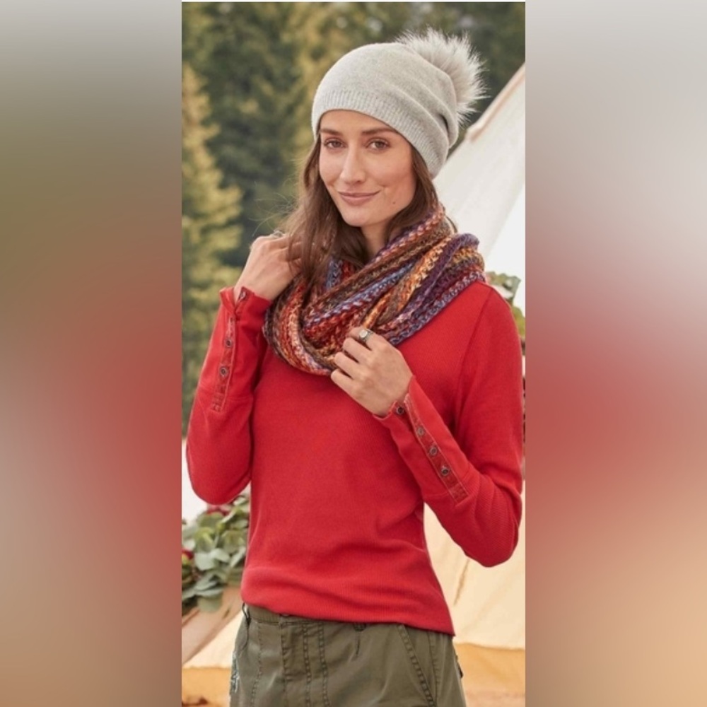 Sundance Red Waffle Knit Long Sleeve Velvet Trim Crewneck Sweater